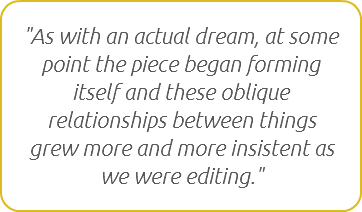 "As with an actual dream, at some point the piece began forming itself and these oblique relationships between things grew more and more insistent as we were editing."